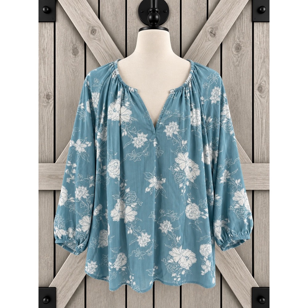 Torrid Boho Blouse Plus Size 1 1X Blue Floral V-Neck 3/4 Sleeve Lurex Stripe